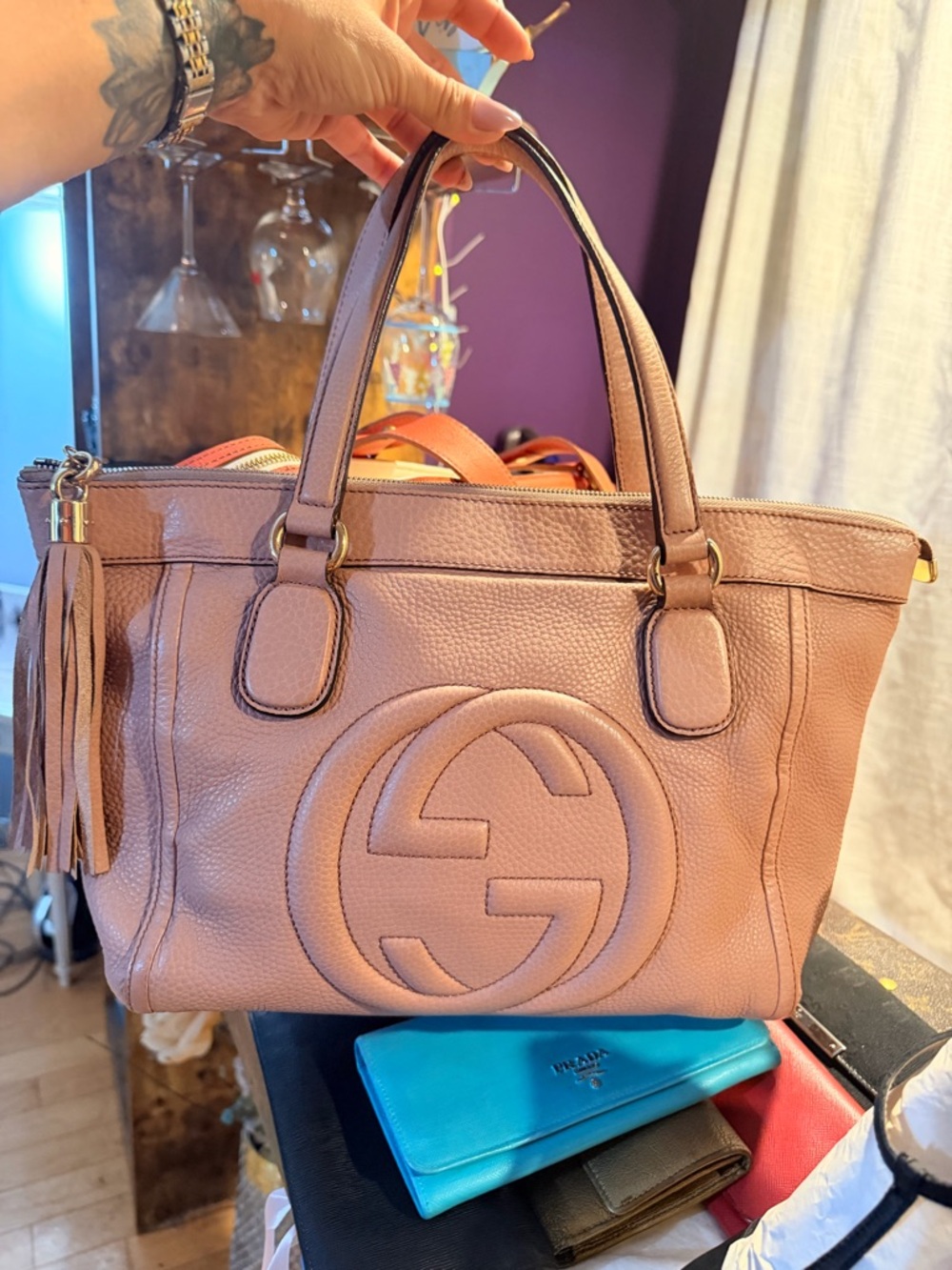 Gucci Blush Pink Pebbled Leather Tote with Tassel